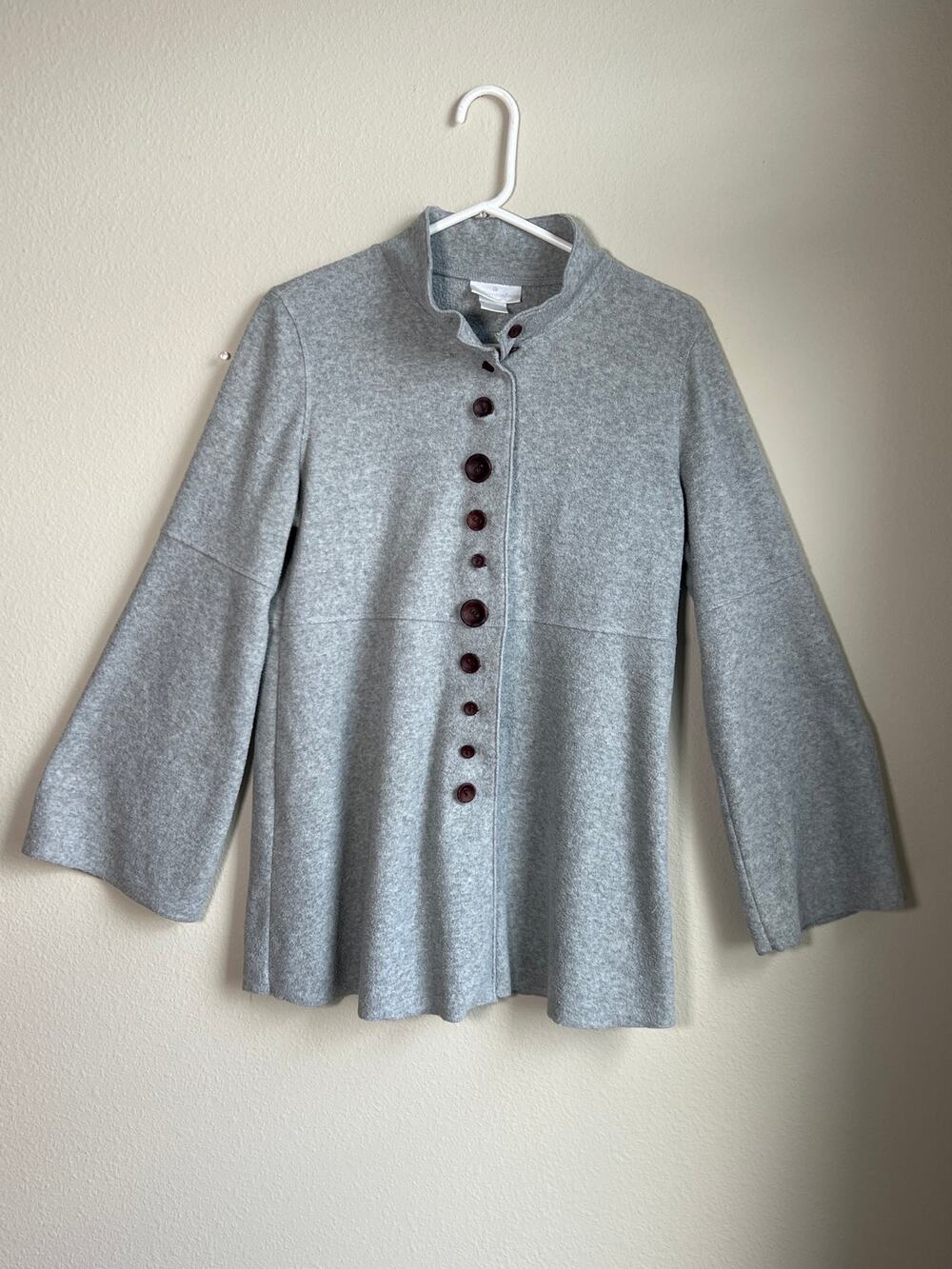 Soft Surroundings Gray Fleece Funnel Neck Button-Front Cardigan Jacket Small